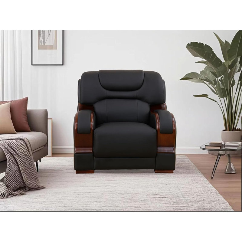 Fauteuil surdimensionné moderne en cuir véritable de 38 po avec accents en bois courbé, Noir
