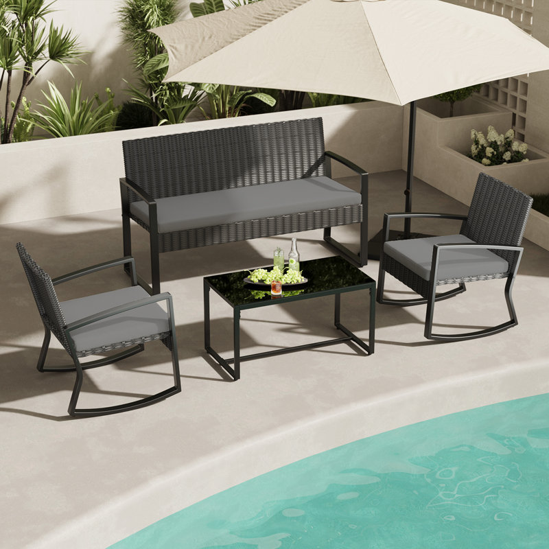 4-Person Wicker Patio Seating Group – Loveseat, Rocking Chairs & Coffee Table with Cushions, Gray, Black