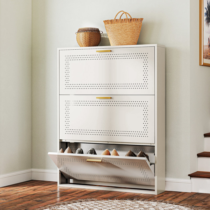 31.5"W Metal Shoe Storage Cabinet with 3 Flip Drawers