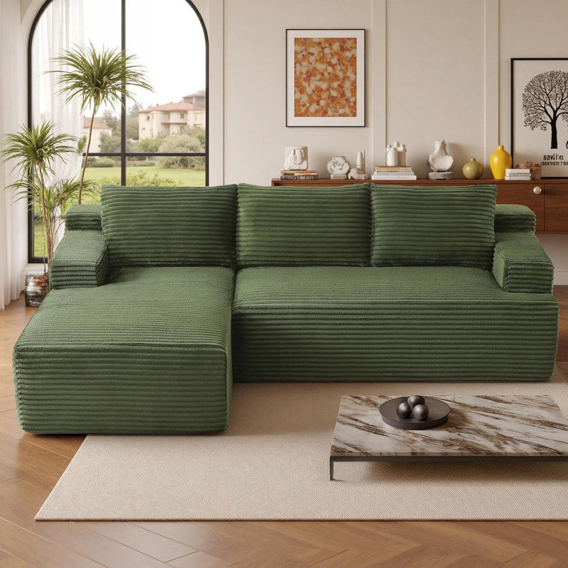 Boneless 96" Cloud Sectional Couch with L-Shaped Chaise, Corduroy Sectional Sofa with Ottoman, Boneless Couch with Deep Seat in a Box for Living Room, No Assembly Required