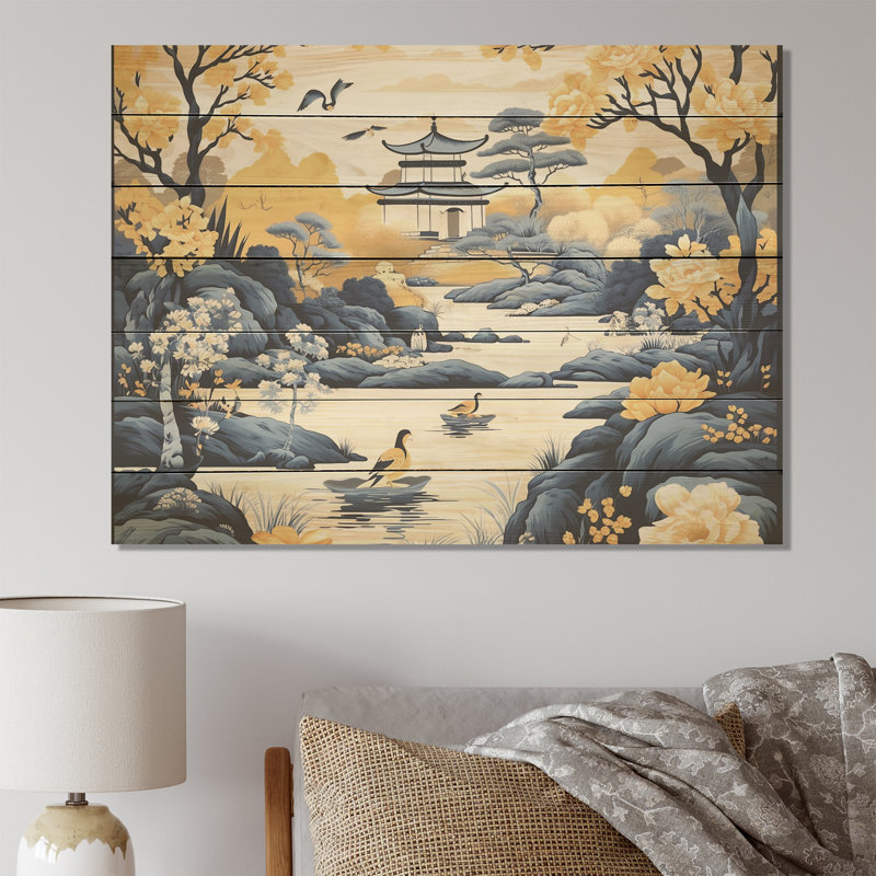 Paysage de Chine bleu et jaune II - impression sur bois de Chine, H 10 po x l 20 po x P 0,78 po