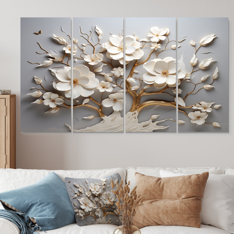 Orchidée blanche jardin de branches IV - art floral abstrait 4 pièces, H 32 po x l 64 po