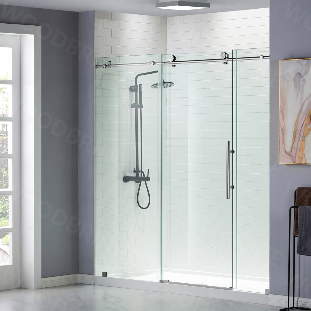 68-72" W x 76" H Three-Panel Single Sliding Frameless Shower Door with 3/8"(10mm) Clear Tempered Glass, Stainless Steel Accessories WoodBridge 