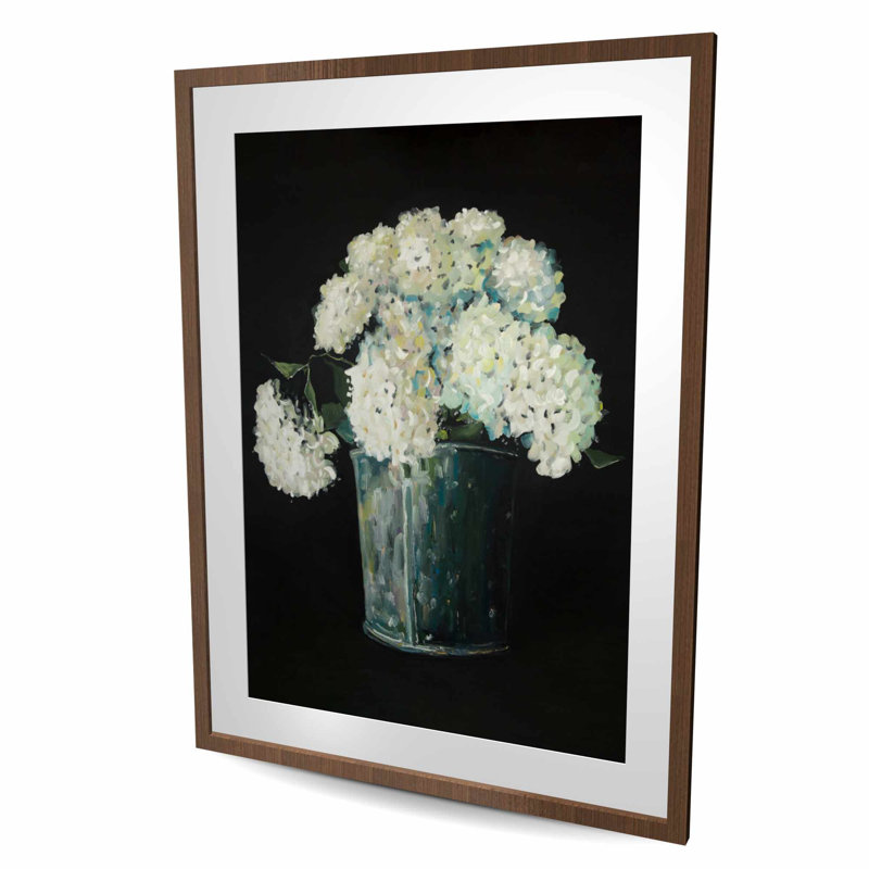 White Hydrangea Flowers - Botanical Black Framed Print Decor