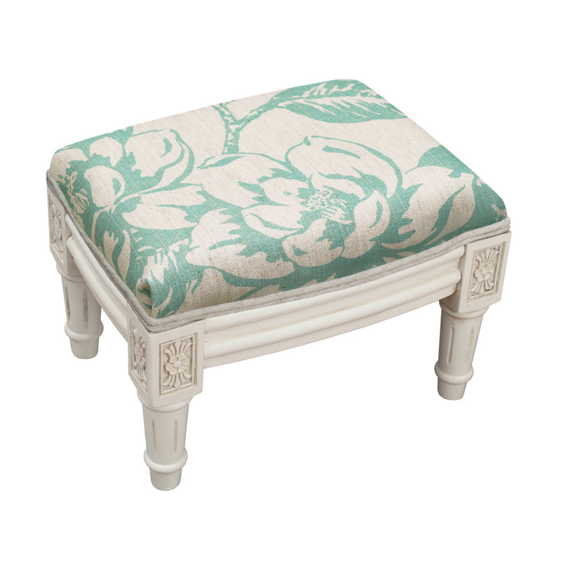 Camary Upholstered Ottoman, White, Aqua Floral Linen Blend