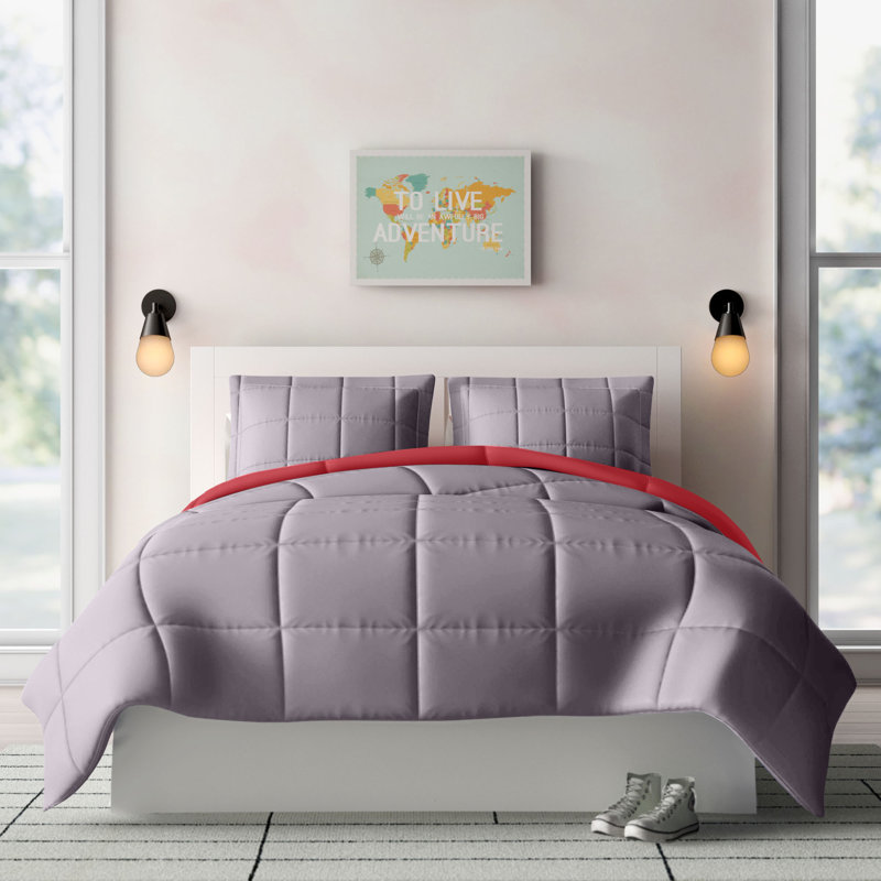 Ensemble d'édredon réversible pour enfants , Gris et rouge, Édredon double / grand + 2 taies décoratives sta