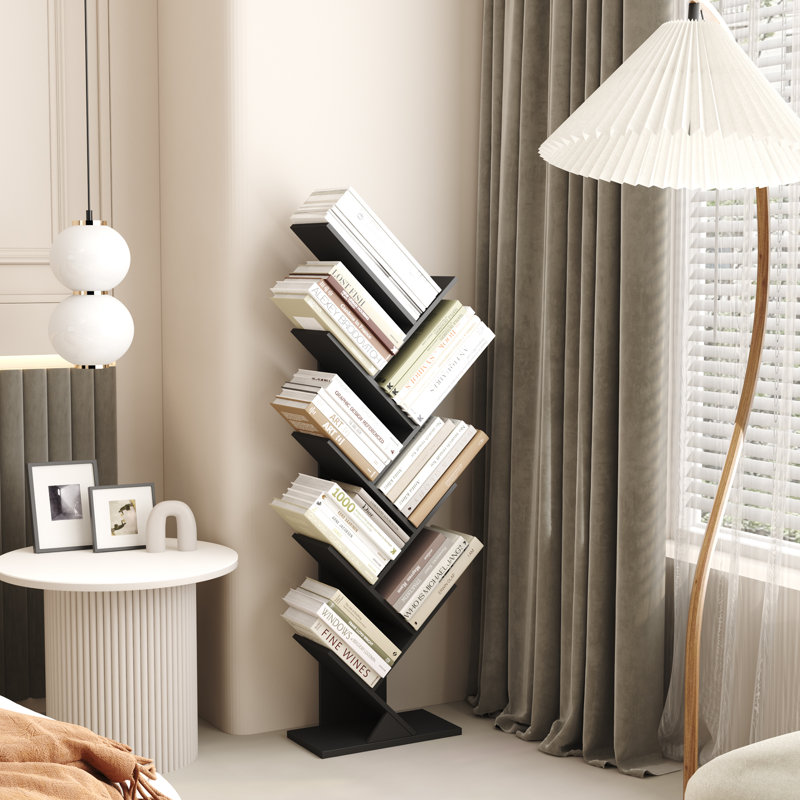 9 Tier Geometric Tree Bookshelf Storage Bookcase, Black