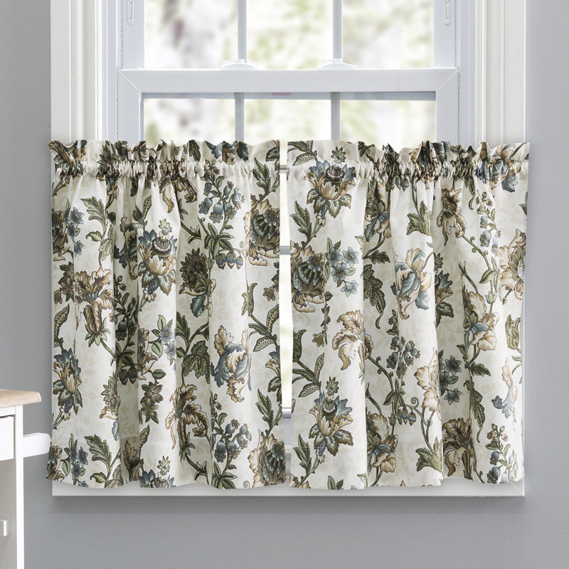 Tania Cotton Blend Floral Tailored Cafe Curtain, Blue, 56" W x 36" L