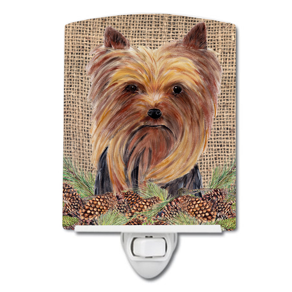 Yorkie Faux Burlap and Pine Cones Ceramic Night Light Caroline's Treasures