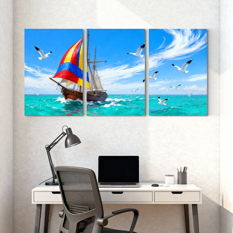 Ensemble de 3 impressions sur toile, voilier nautique avec voiles colorées sur vagues de l'océan, H 18 po x l 36 po