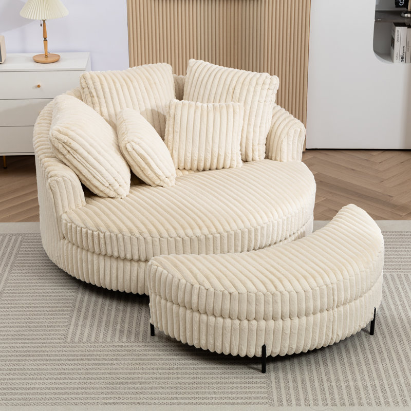 59.8" W Upholstered Oversized Slipcovered Accent Barrel Lounge Chair With Crescent Storage Ottoman, Beige Corduroy