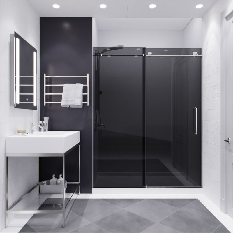 60” W x 76” H Sliding Frameless Shower Door, Brushed Nickel