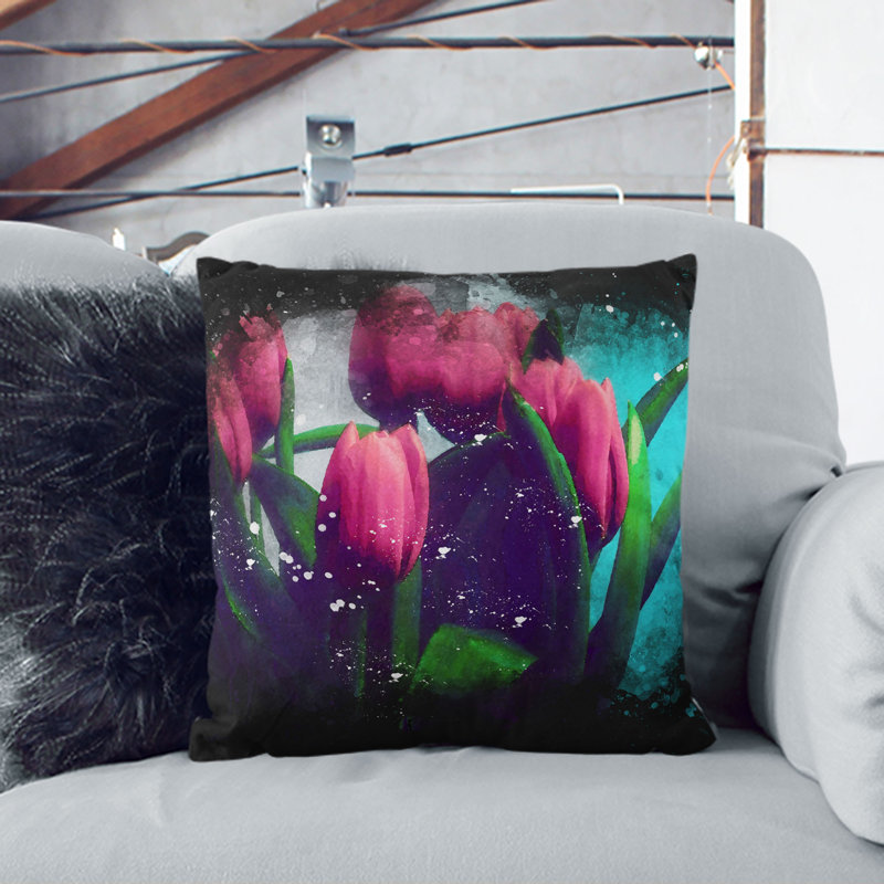 Bouquet of Red Tulips Cushion with Filling, 40cm H x 40cm W x 15cm D, Black