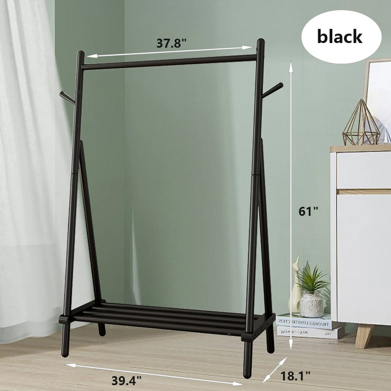 Portant à vêtements en bois massif avec tablette et crochet, Noir, noir, noir, noir