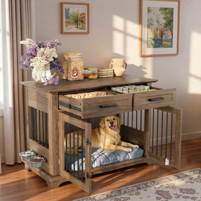Wooden Dog Crate Furniture With 2 Storage Drawers And Rotating Bowls