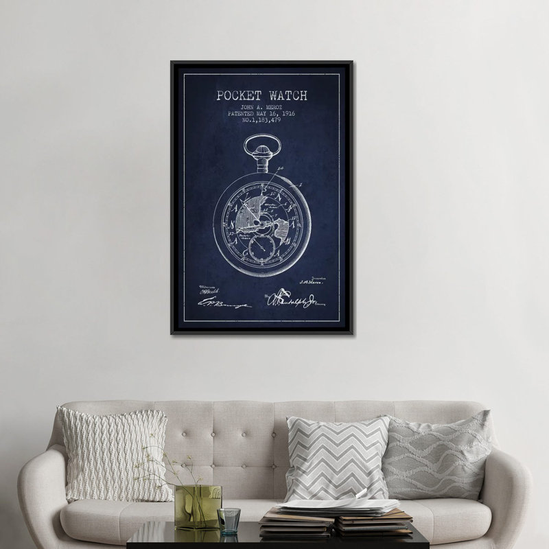 « john a. meroz pocket watch pattern sketch », reproduction d’impression sur toile en bleu marine, Toile encadrée noire
