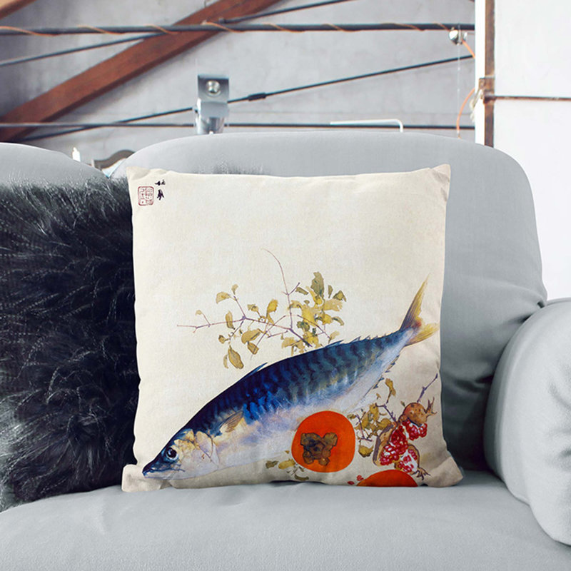 Fish & Fruit by Takeuchi Seiho Cushion with Filling, Stone, 40cm H x 40cm W x 15cm D