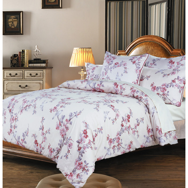  800TC 100% Egyptian Cotton Duvet Cover Set，3pcs Vintage Bird and Watercolor Floral in Light Pink Shabby Chic Bedding Set, Aesthetic Botanical Pattern for Bedroom Guest Room All Seasons