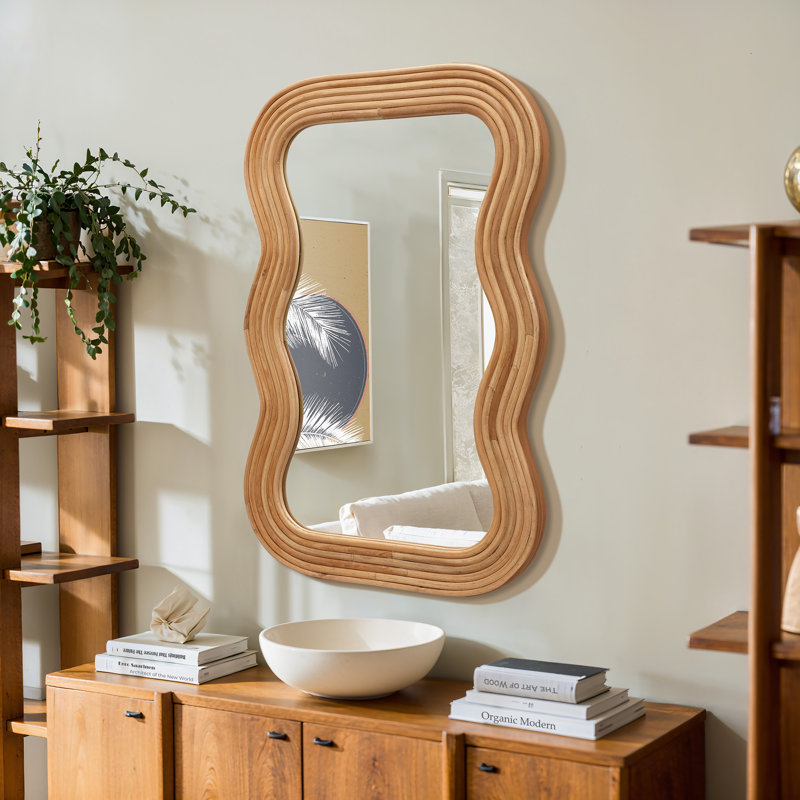 39'' Wavy Solid Wood Frame Wall Mirror, Organic Modern Decorative Accent Mirror