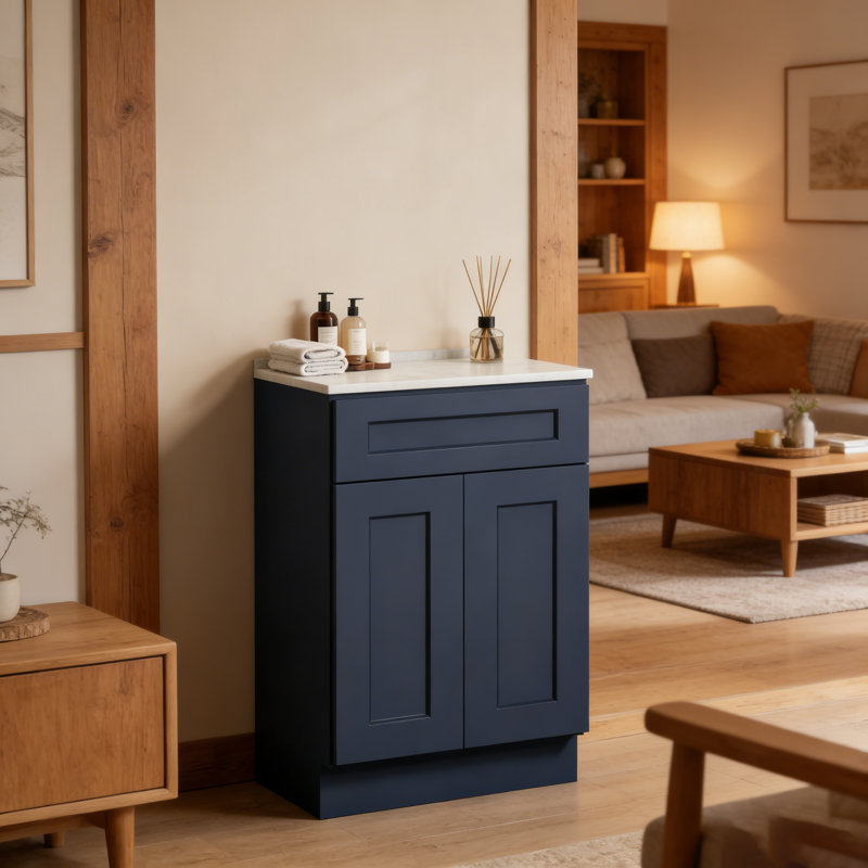 24" Navy Blue Shaker Base Cabinet With Soft-Close Door,Drawer,Space-Saving Solid Wood Unit With Adjustable Shelf For Kitchen, Bath, Laundry, Garage (24"W X 24"D X 34.5"H) (No Top)