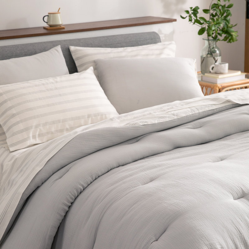 Light Grey Cotton Gauze Lightweight Comforter Bedding Sets, King Comforter + 6 Additional Pieces
