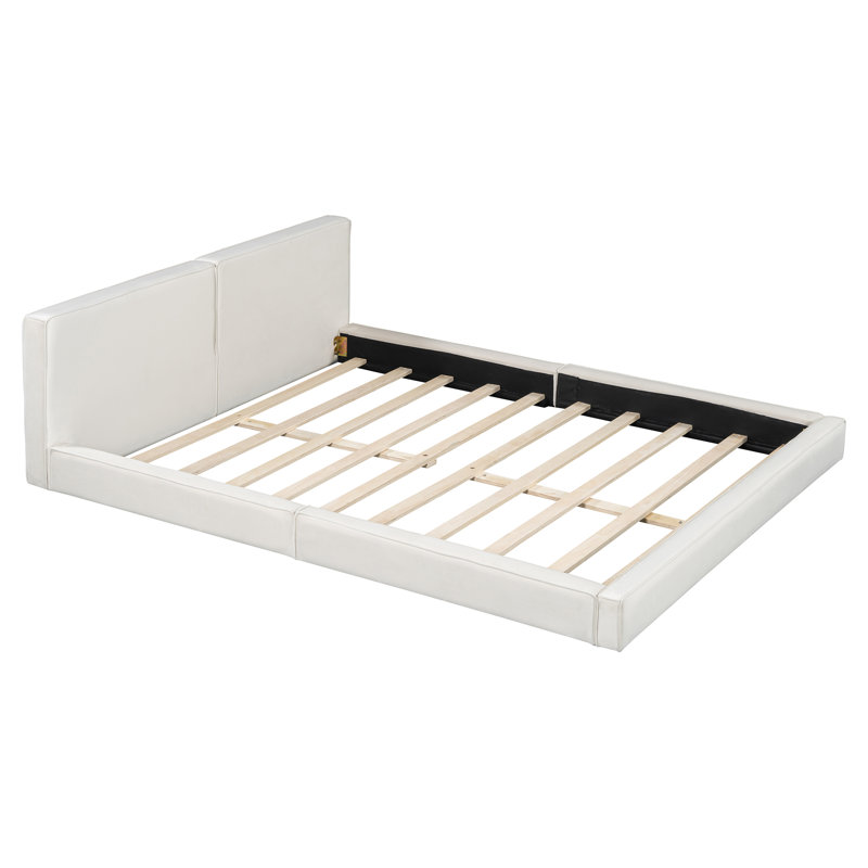 Grand lit plateforme tapissier avec tissu en velours, Beige