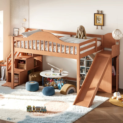 Full Loft Bed with Storage Stairs, Slide & Built-in Wardrobe, Stylish High Guardrail,wood Loft Bed Frame for Bedroom,dorms,guests.  Walnut