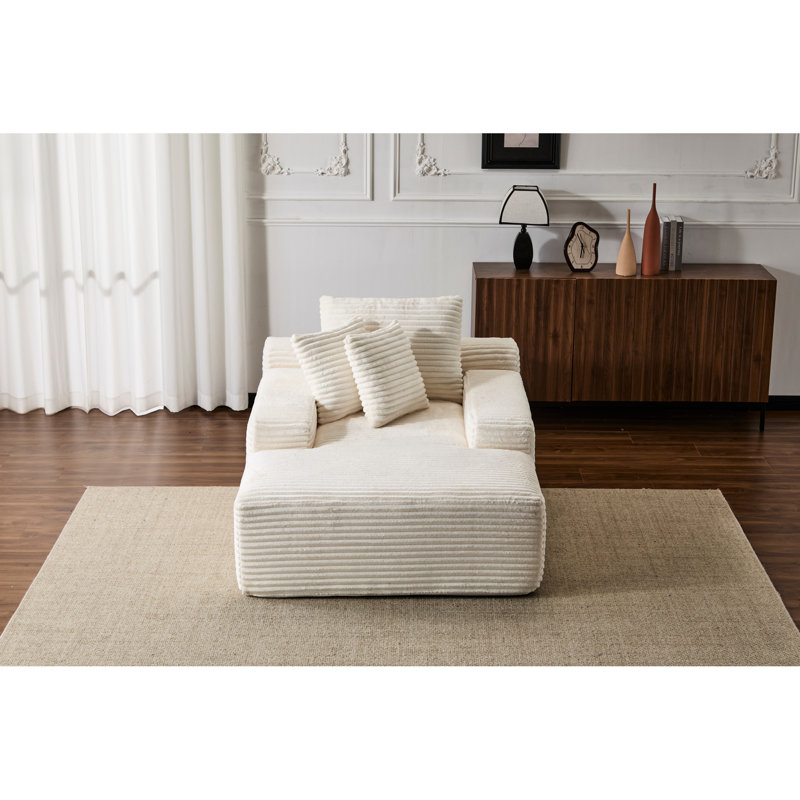 Chaise longue blanche avec revêtement en velours côtelé, 3 coussins décoratifs, accoudoirs larges, support ergonomique, mousse à mémoire de forme, fauteuil moderne surdimensionné sans assemblage pour se détendre à la maison, rembourrage en mousse, forme, espace de vie