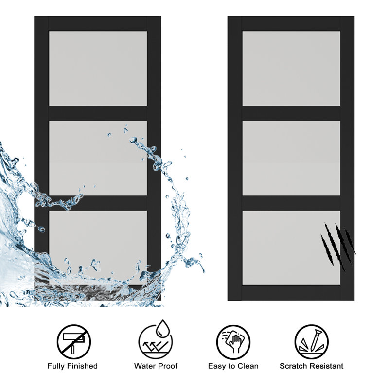 Porte de grange coulissante double en verre trempé givré 3-Lite avec poignée, 36 po x 84 po, Noir