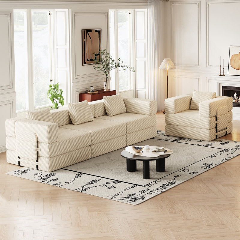 Canapé 4 places avec poches de rangement latérales et coussins pour le salon, Beige