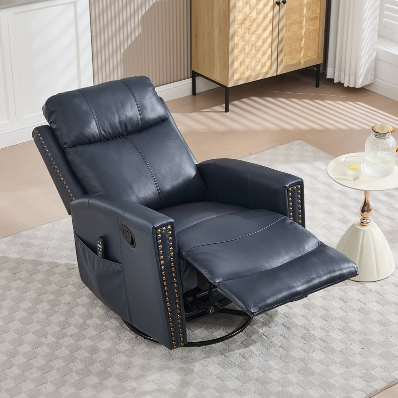 30.5 "W Manual Genuine Leather Swivel Rocker Recliner Vintage Recliner With Heated Massage, Blue