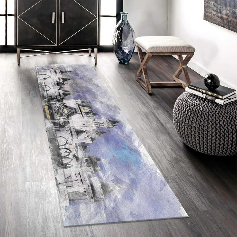 Cherry Blossom Design Printed Rug in Light Blue and Pink Tones for a Touch of Nature and Elegance in Your Living Space