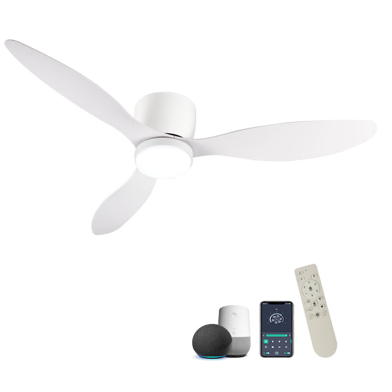 52" Smart Flush Mount Ceiling Fans With Lights Remote, Ancient White, White