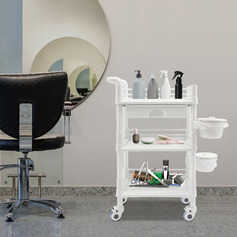 3 Tiers Movable Beauty Salon Storage Cart With Drawer and Wheels, White