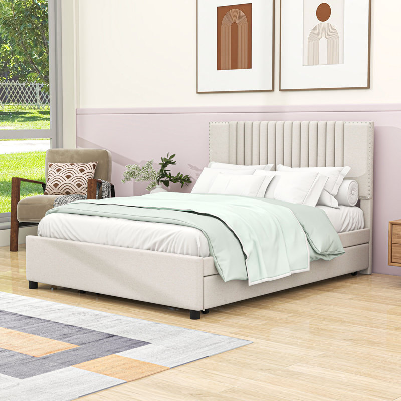 Lit plateforme double tapissier 2 tiroirs avec lit gigogne simple et tête de lit, Beige