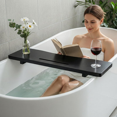 Plateau de baignoire élégant en bambou noir, 79 cm (31 po) de longueur, ajustable pour baignoire standard