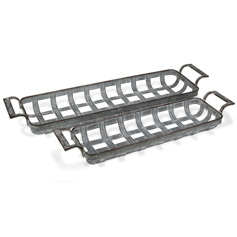 Set of Two Grey Metal Handmade Tray With Handles, 7.5" H x 3.5" W x 28.75" D