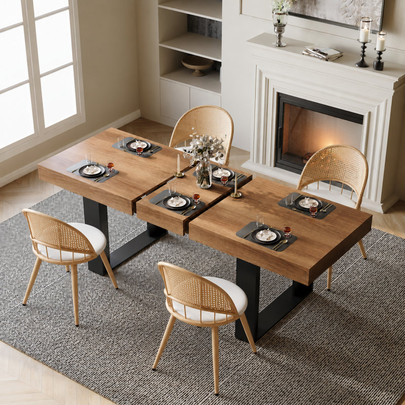 4-Person Dining Table Sets With Rectangular Extendable Dining Table & 4 Rattan Chairs, White