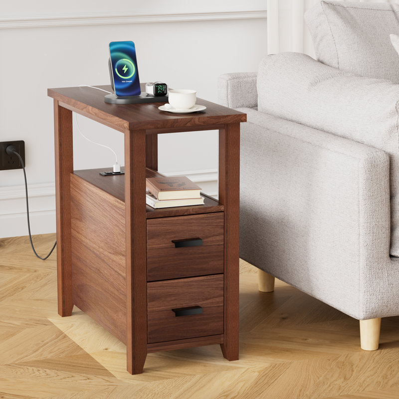 End Table with Charging Station, Nightstand Bedside Table with 2 Drawers for Living Room, Bedroom, Walnut, Walnut