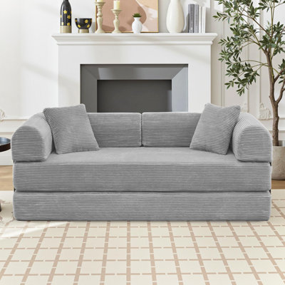 64.5"  Corduroy Sleeper Sofa Boneless Modular Sofa Bed Compression Foam Couch Bed With 2 Pillows and Fixed Frame, Light Gray