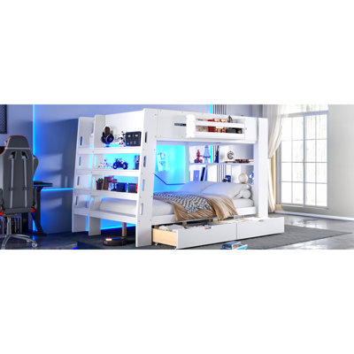 Full Over Full Bunk Bed with LED Lights, Bookcase Headboard & Storage Drawers, Space-Saving Bunk Bed Frame with Built-in Shelves & Guardrail for Bedroom Apartment, White