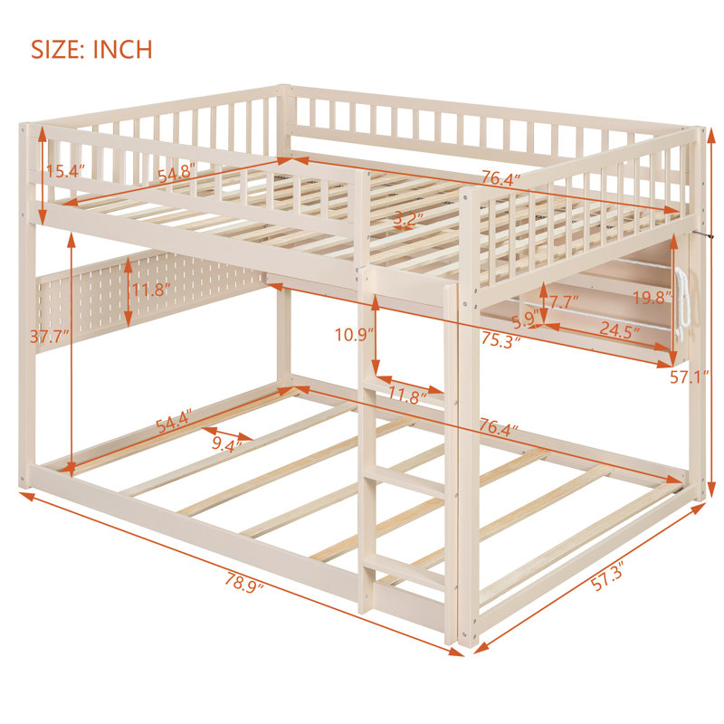 Full Over Full Modern Low Bunk Bed With Storage Lighted Shelves And Pegboard, Beige