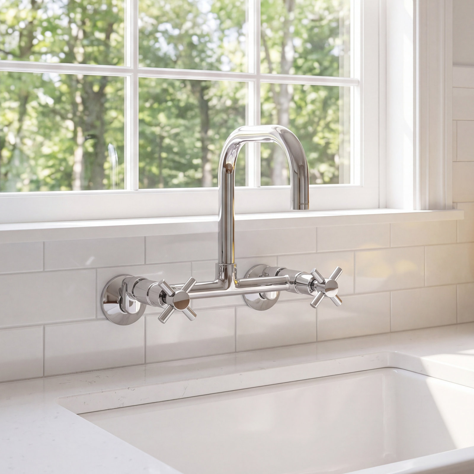 Kingston Brass Concord Double-Handle 2-Hole Wall-Mount Bridge Kitchen Faucet, Polished Chrome