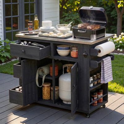 Outdoor Kitchen Island With Stainless Steel Top, Side Spice Rack, Drawers, Paper Rack, Towel Rack And Open Shelf