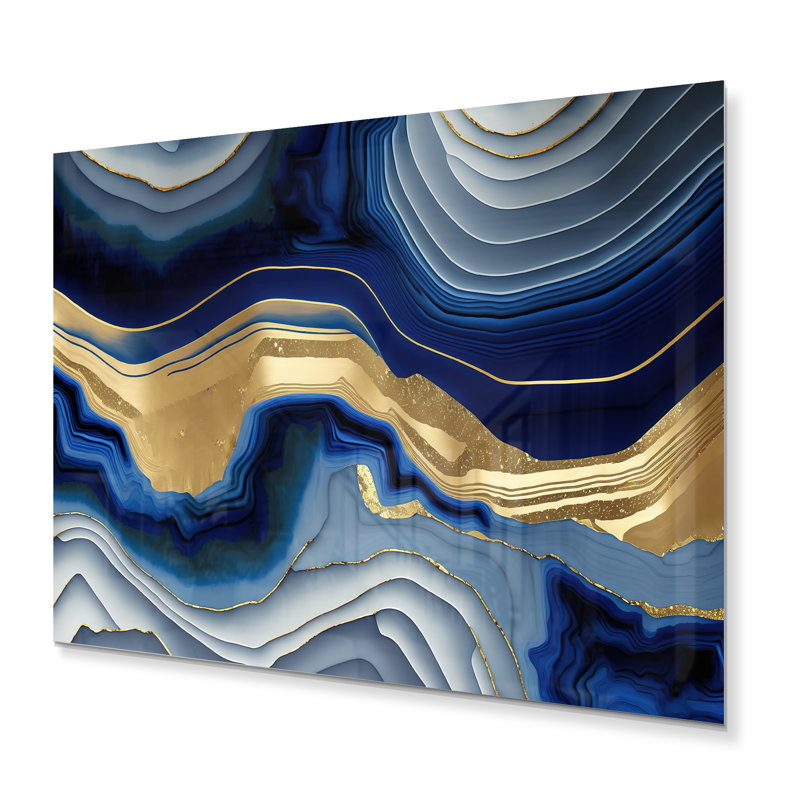 «Vibrant Blue and Gold Flow Art I» - Décoration murale moderne en métal, H 24 po x l 32 po