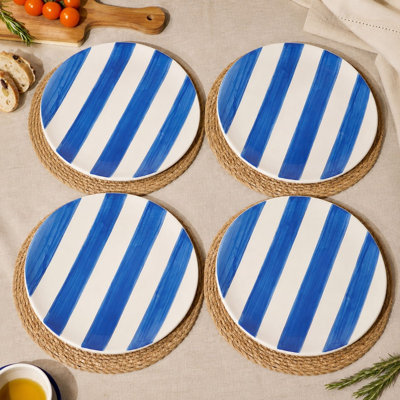 Set of 4  Blue & White Striped Plates