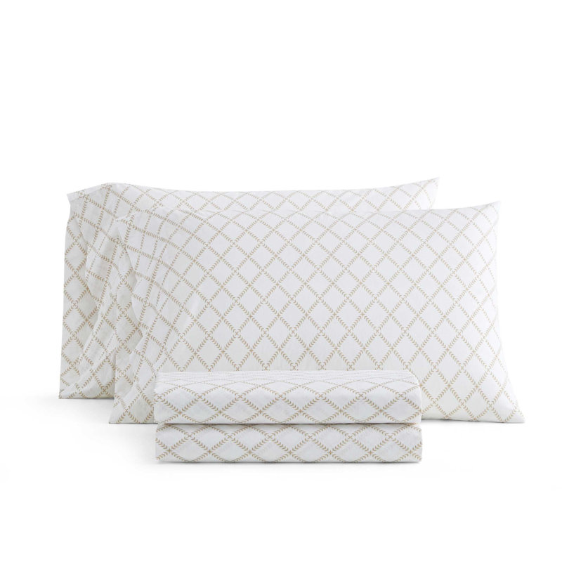 Martha Stewart Cotton Percale  Sheet Set, King Sheet Set with 2 Pillowcases, Leaf Trellis Beige