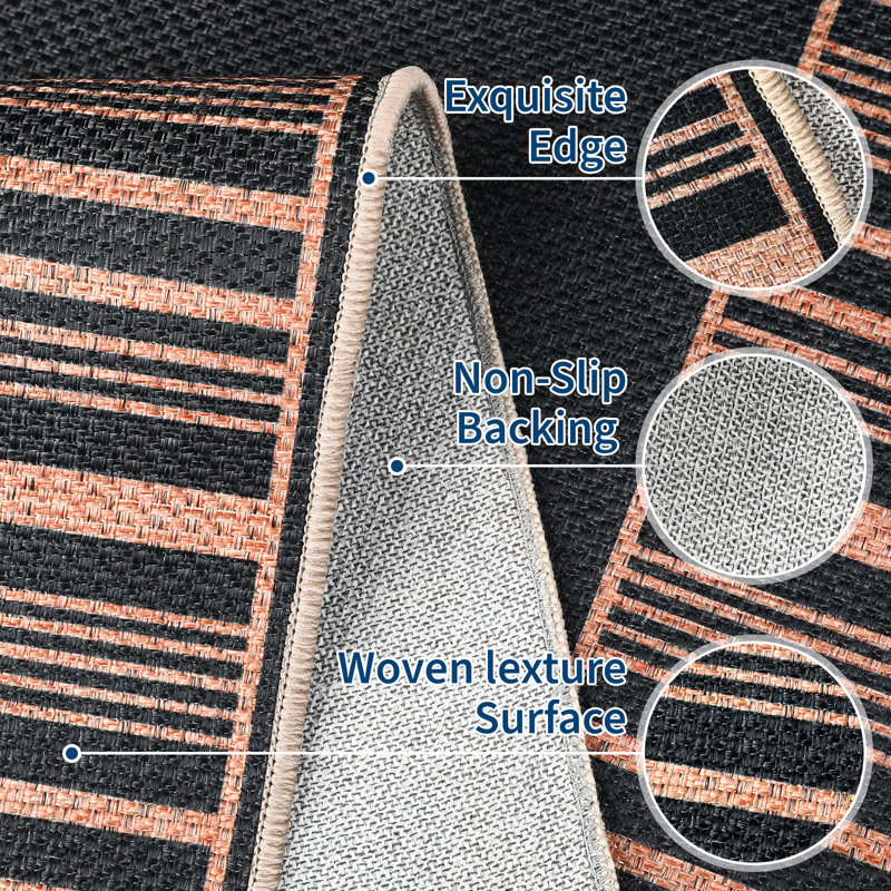 Outdoor Area Rug, Casual Design with Striped Border, Stain Resistant Durable Mat for Patio, Balcony, Bedroom, Living Room, Dining Room, Bathroom