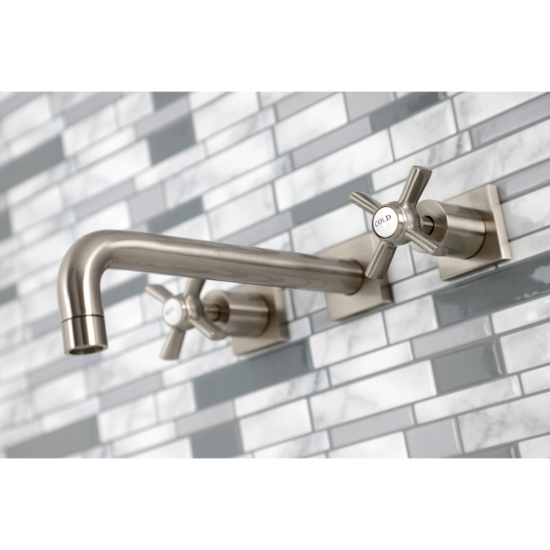 Kingston Brass Manhattan Two-Handle 3-Hole Wall Mount Roman Tub Faucet, Brushed Nickel,  Cross White