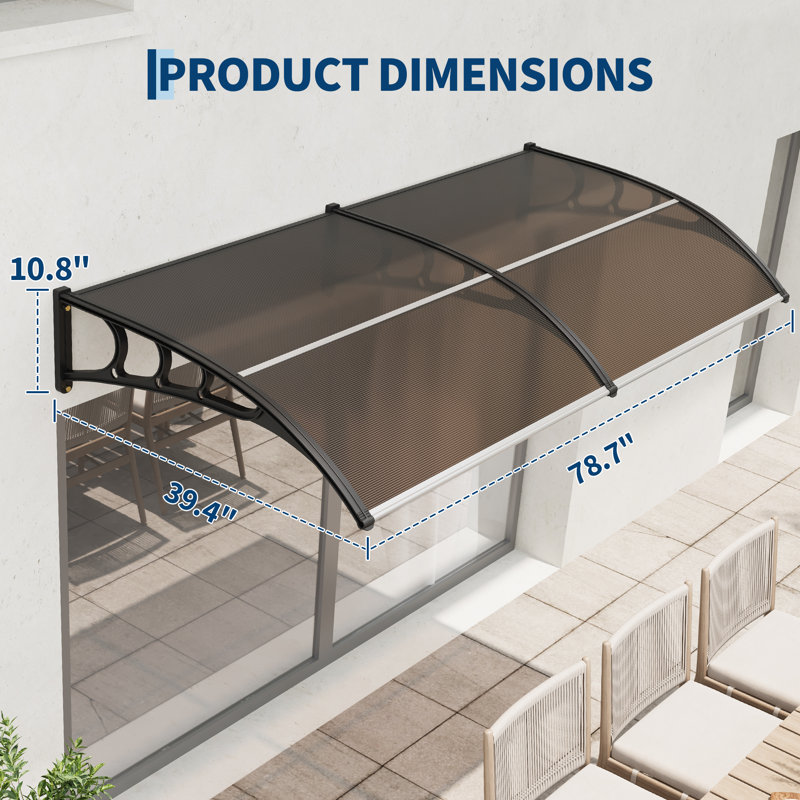Polycarbonate Outdoor Door Awning Canopy - 40''x80'' (100x200cm) - UV, Rain, Snow, Sun Protection - Sturdy Plastic Steel Bracket - Exterior Window Shade - Brown Color